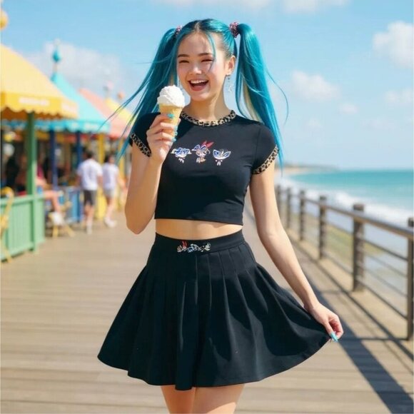 Powerpuff Girl ✦ Fly to the Rescue Pleated Mini Skirt ✦ Black Cartoon Embroidery - Picture 4 of 7